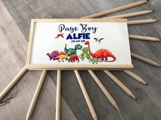 Dinosaur Pencil Case Wooden Wedding Gift Set - Page Boy - Ring Bear - Image 2