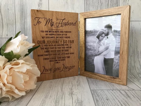 Personalised to my husband engraved photo frame - solid oak hinged photo frame - Image 2