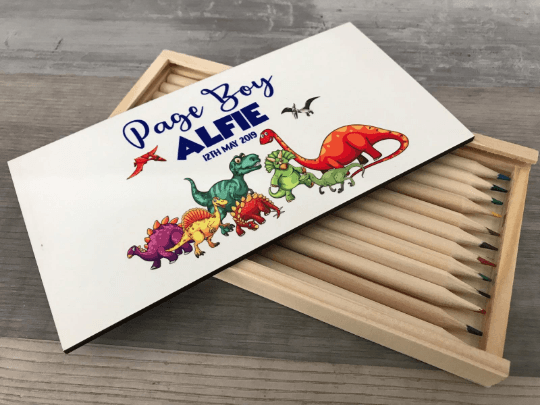 Dinosaur Pencil Case Wooden Wedding Gift Set - Page Boy - Ring Bear - Image 5