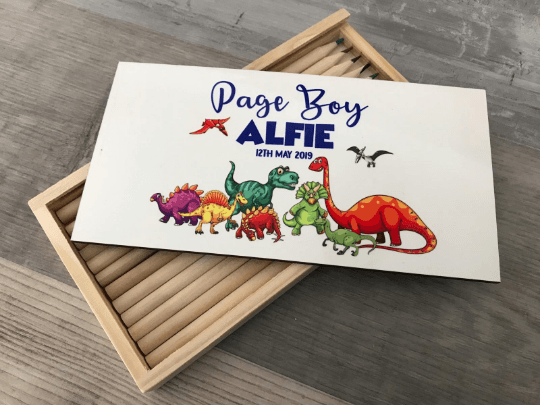 Dinosaur Pencil Case Wooden Wedding Gift Set - Page Boy - Ring Bear - Image 4