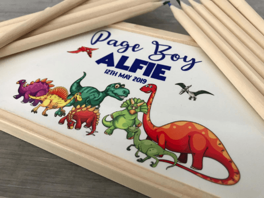 Dinosaur Pencil Case Wooden Wedding Gift Set - Page Boy - Ring Bear - Image 3