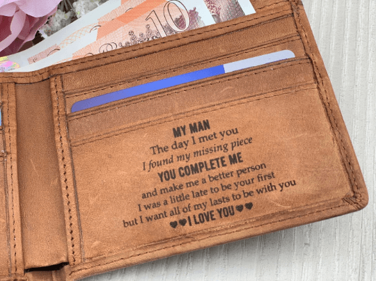Personalised Leather Wallet - Tan - My Man quote - Image 2