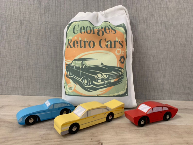 Wooden push along Retro classic cars with Personalised Printed Storage Bag - Image 5