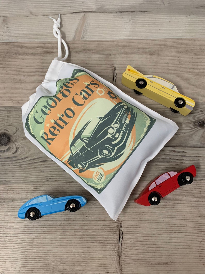 Wooden push along Retro classic cars with Personalised Printed Storage Bag - Image 4