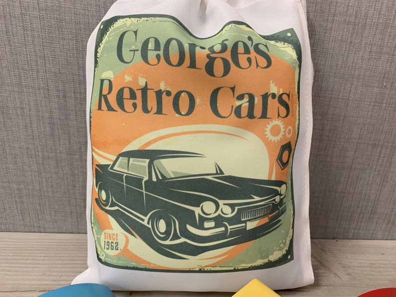 Wooden push along Retro classic cars with Personalised Printed Storage Bag - Image 3