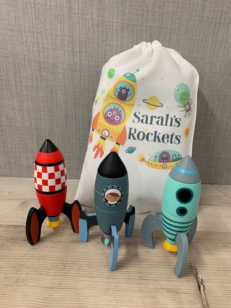 Wooden rocket construction set with Personalised Printed Storage Bag - Image 5