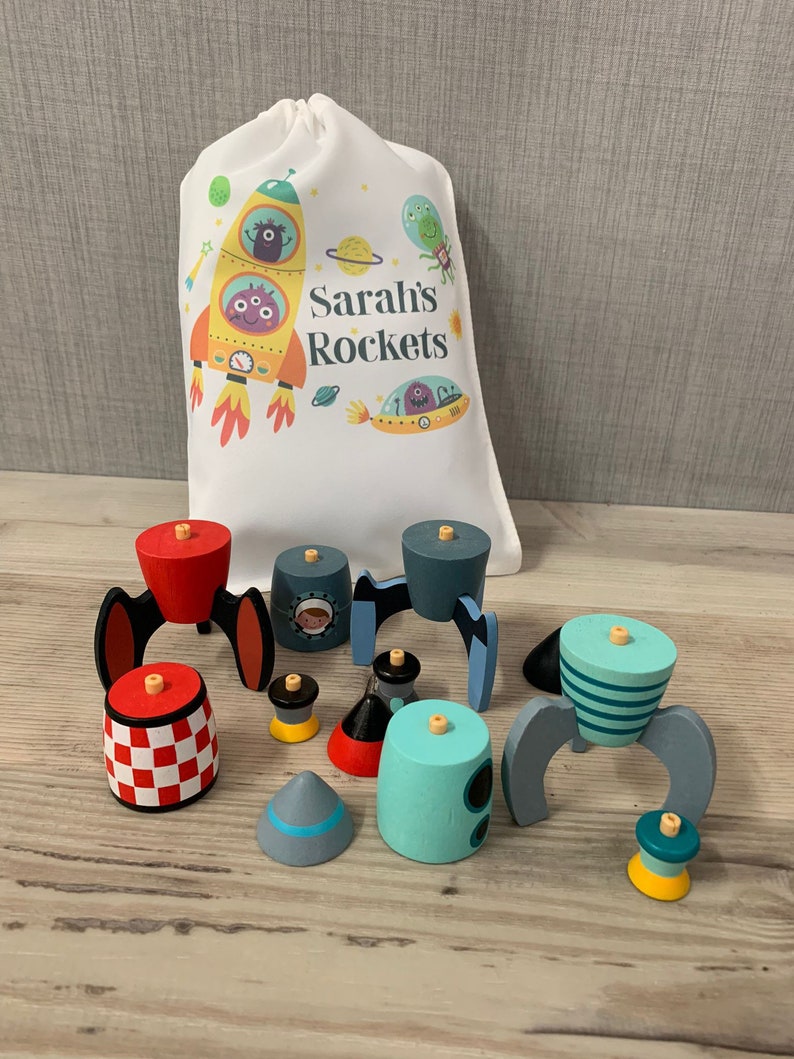 Wooden rocket construction set with Personalised Printed Storage Bag - Image 4