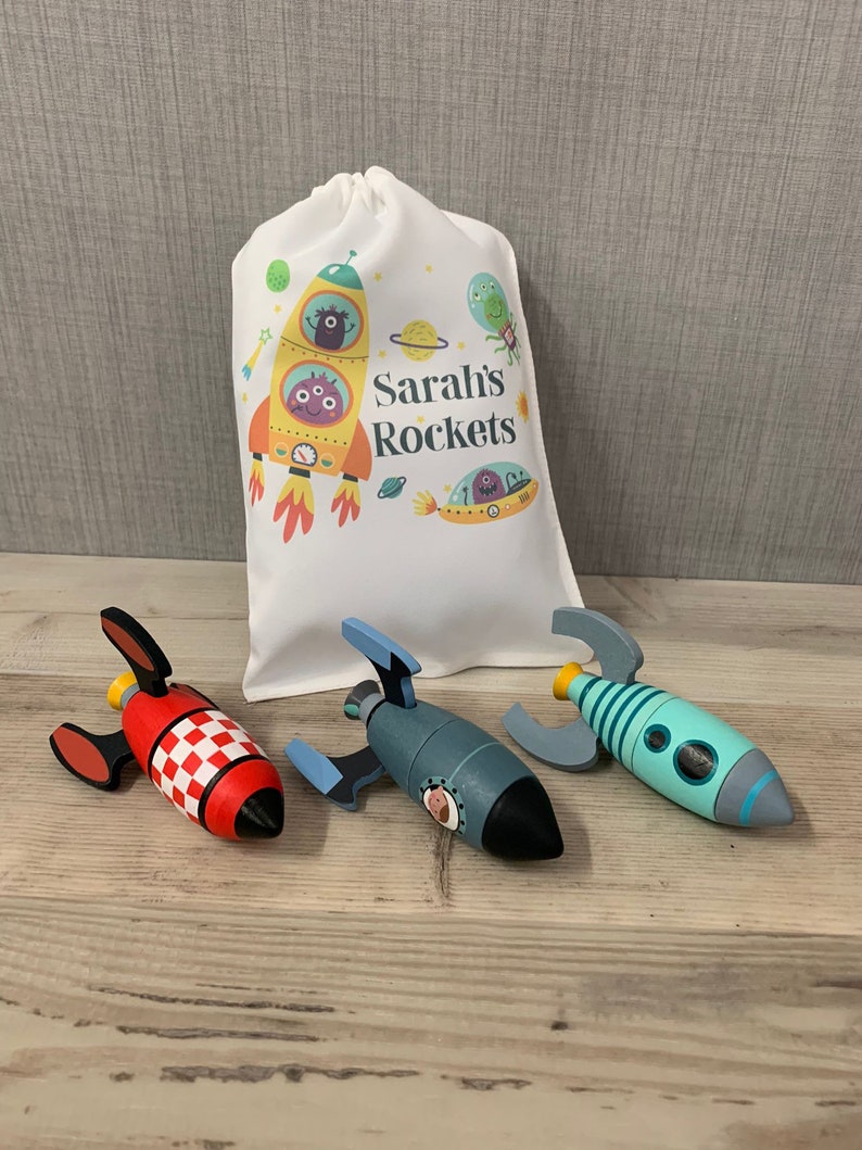 Wooden rocket construction set with Personalised Printed Storage Bag - Image 3
