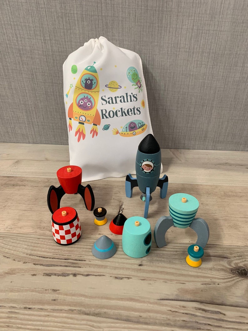 Wooden rocket construction set with Personalised Printed Storage Bag - Image 2
